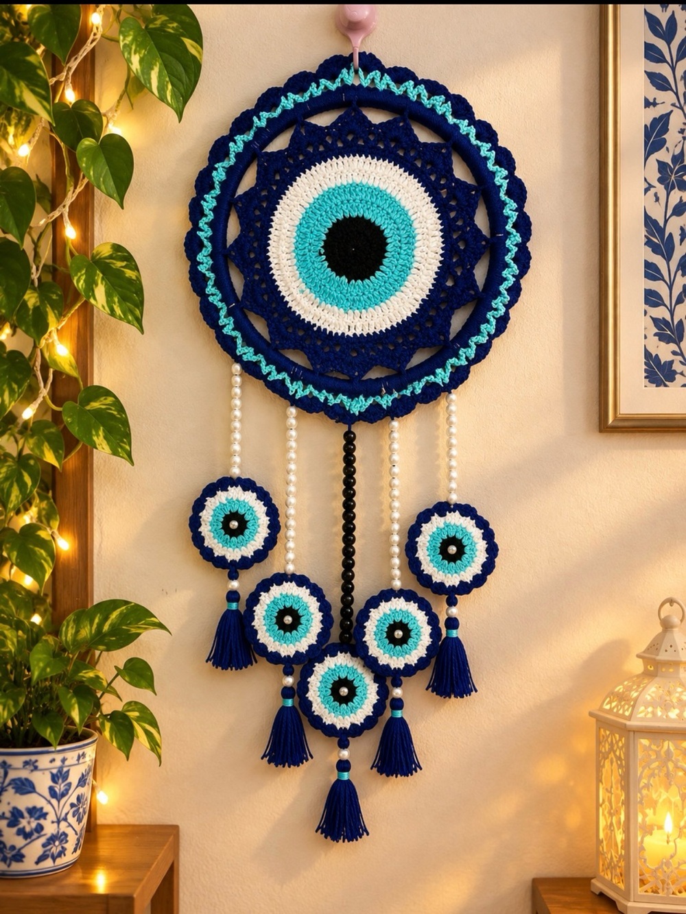 Handmade Blue & Turquoise Crochet Wall Hanging - Evil Eye Decor